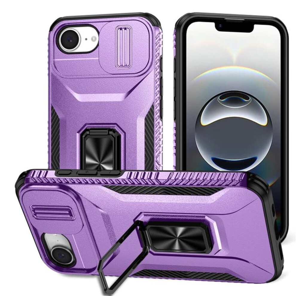 Slim Fit Shockproof Hybrid Case For Iphone 16E Â Slide Camera Cover, Rotated Ring Kickstand, Military-Grade, Purple 9193271785729