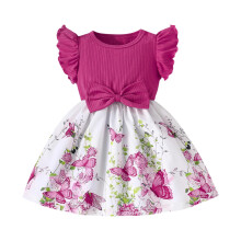 Baby Girls Butterfly Sleeve Ribbed Dress Butterfly Print Summer Princess Round Neck Short Sleeve