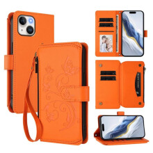 Magnetisk lås- og stativdeksel til iPhone14 – Oransje skinnlommebok med snor, kortholder for 5 kort og glidelås, sommerfuglblomsterdesign