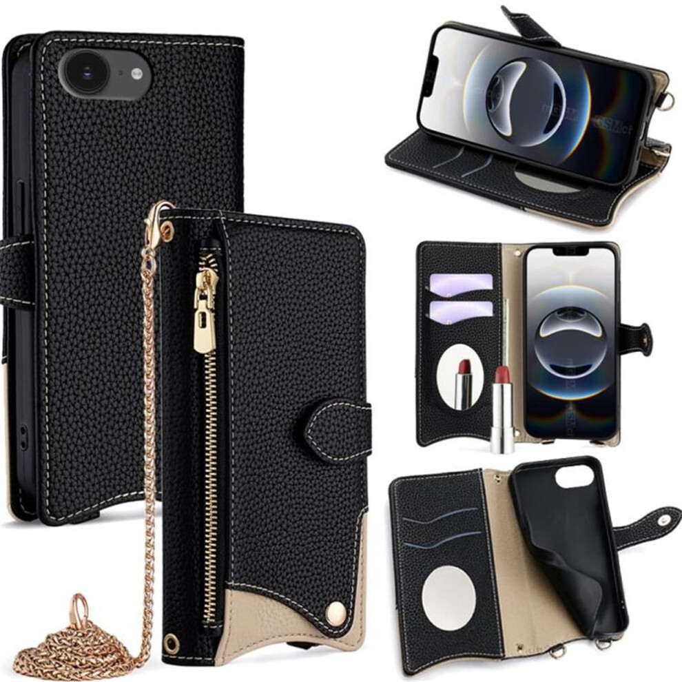 Pu Leather Magnetic Flip Wallet Case For Iphone 16E Â Multi-Card Slots, Zipper Pocket, Hidden Mirror & Detachable Metal Strap, Black 9152228482166