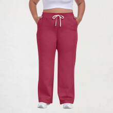 Calça feminina plus size casual com cintura ajustável por cordão, bolsos, cor sólida, modelagem esportiva e confortável.