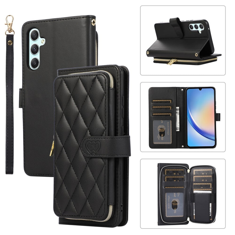 Wallet Case For Samsung Galaxy A14 6.6", With Wrist/Shoulder Strap, 9 Card Slots, Zipper Purse, Luxury Leather Stand, Checkered Design, Black 9152228482920