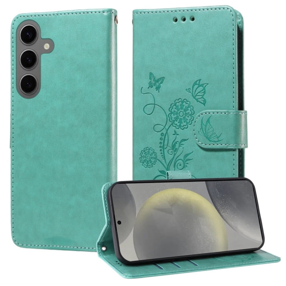 Leather Flip Case For Samsung Galaxy S25 5GâEmbossed Butterfly Flowers, Card Slots, Cash Compartment, Shockproof, Kickstand, Compatible With Green 9193271784364