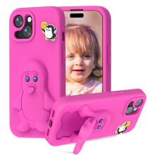 Cartoon Pinguïn Baby Stand EVA-hoesje voor iPhone 14 Pro – Rosérood, valbestendig en milieuvriendelijk