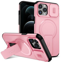 iPhone 12 Pro Max 6,7" hoesje – MagSafe, onzichtbare standaard, verschuifbare cameraklep, schokbestendig, roze