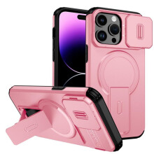 iPhone 14 Pro Max 6,7" hoesje: MagSafe draadloos opladen, onzichtbare vouwhouder, verschuifbare cameraklep, schok- en valbestendig – Roze