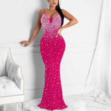 Pinkfarbenes, perlenbesetztes, rückenfreies Bodycon-Kleid mit Strass-Spaghettiträgern für Damen – perfekt für Partys und Hochzeiten, auch für