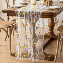 Farverig blomsterbroderet blondedug – Elegant3D broderet bordløber til bryllup, fest, boligindretning og fotorekvisitter, gul blomst