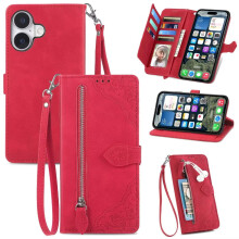 Compatibel met iPhone 16 Plus 6,7" hoesje – Magnetische flipportemonnee van PU-leer met koord, polsbandje en kaarthouder met ritssluiting