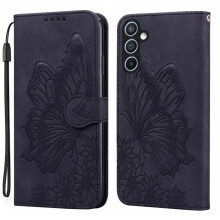 Flip-wallethoesje van PU-leer met vlinderpatroon, magnetische sluiting en kaartsleuven voor Samsung Galaxy A56 5G 6,7 inch, zwart.