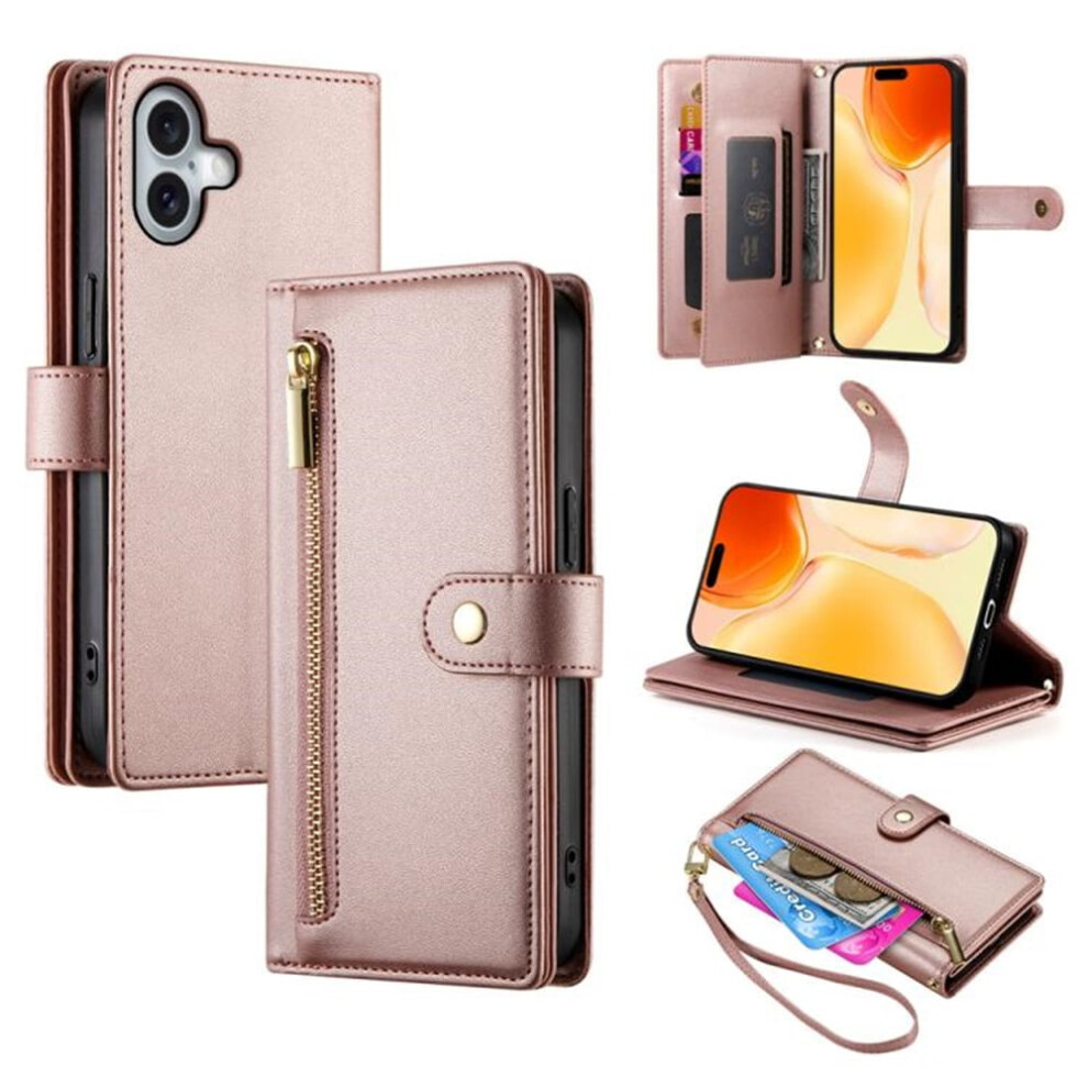 Leather Wallet Case For Iphone 17 (6.3") Â Multi-Card Slots, Zipper Pocket, Lanyard Strap, Wristlet Â Compatible With Iphone 17 Pink 9152228483637