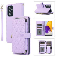Portemonneehoesje voor Samsung Galaxy A72 5G (6,7 inch), met pols-/schouderband, 9 kaartsleuven, ritsvakje, luxe leren standaard, geruit design, paars