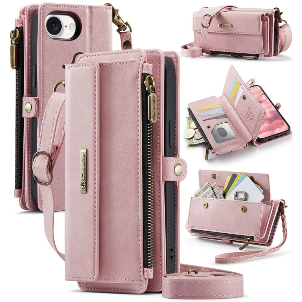 Caseme Wallet Case For Iphone 16E – Rfid Blocking Pu Leather Flip Cover With Kickstand, Wrist Strap & Card Slots, Pink 9485826579892