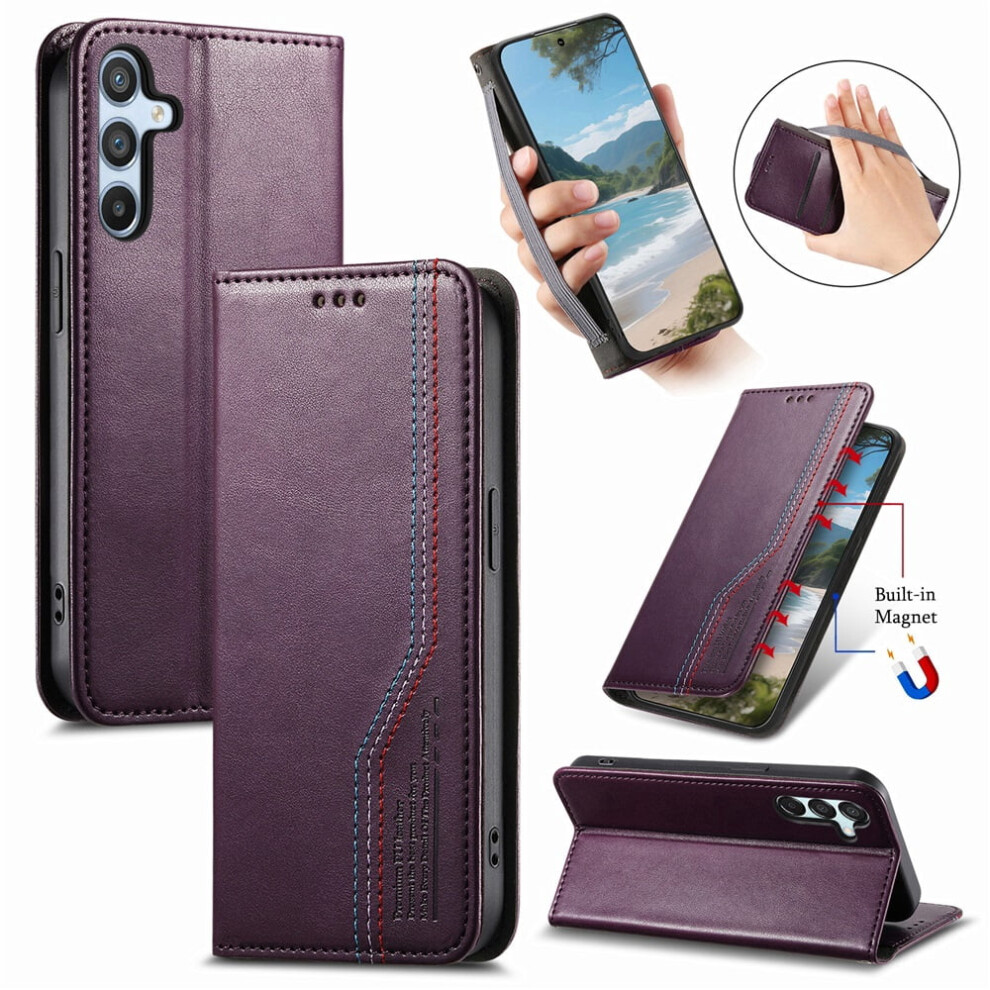 For Compatible With Samsung Galaxy M15 5G 6.5-Inch Case,Elastic Wristband Magnetic Suction Closure Flip Stand Wallet Leather Phone Case, Purple 9485826582717