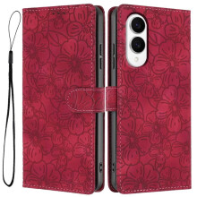 Flip-wallet van leer met kersenbloesemreliëf, compatibel met Samsung Galaxy S25Edge5G – Rood, 3-kaartshouder, magnetische sluiting