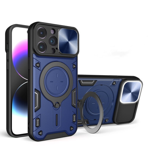 Robust deksel til iPhone 15Pro Max 6,7": Skyvbart linsedeksel, magnetisk bilfeste, robust PC+TPU støtsikker beskyttelse, blå