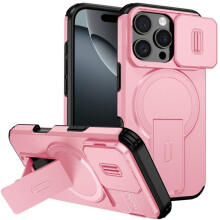 Rosa Rugged-deksel til iPhone16Pro 6,3": MagSafe-lading, usynlig sammenleggbart stativ, skyvbart kameradeksel, støtsikker – kompatibel med