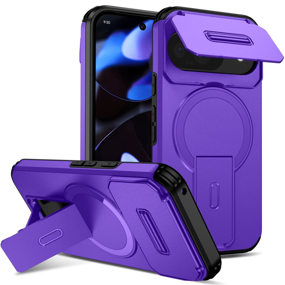 Rugged Case For Google Pixel 9 / 9 Pro 6.3" – Invisible Fold Stand, Magsafe Charging, Sliding Camera Cover, Shockproof Purple 9418476643095