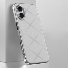 Geschikt voor iPhone 16. Eenvoudig leren schokbestendig hoesje met anti-vingerafdruk camerabescherming, wit.