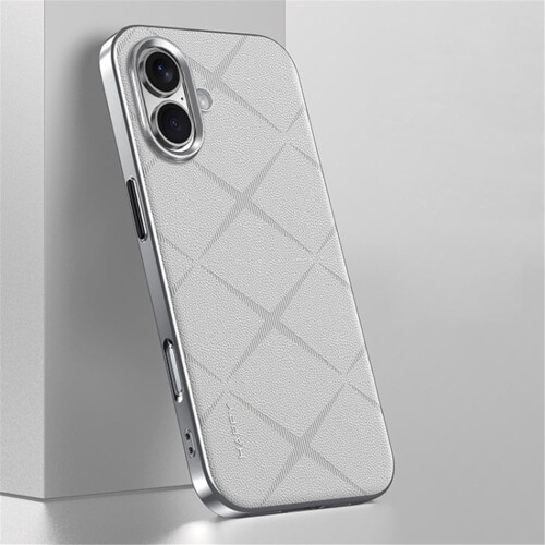 Capa de couro liso, resistente a impactos, com proteção anti-impressão digital para a câmera, compatível com iPhone 16, branca.