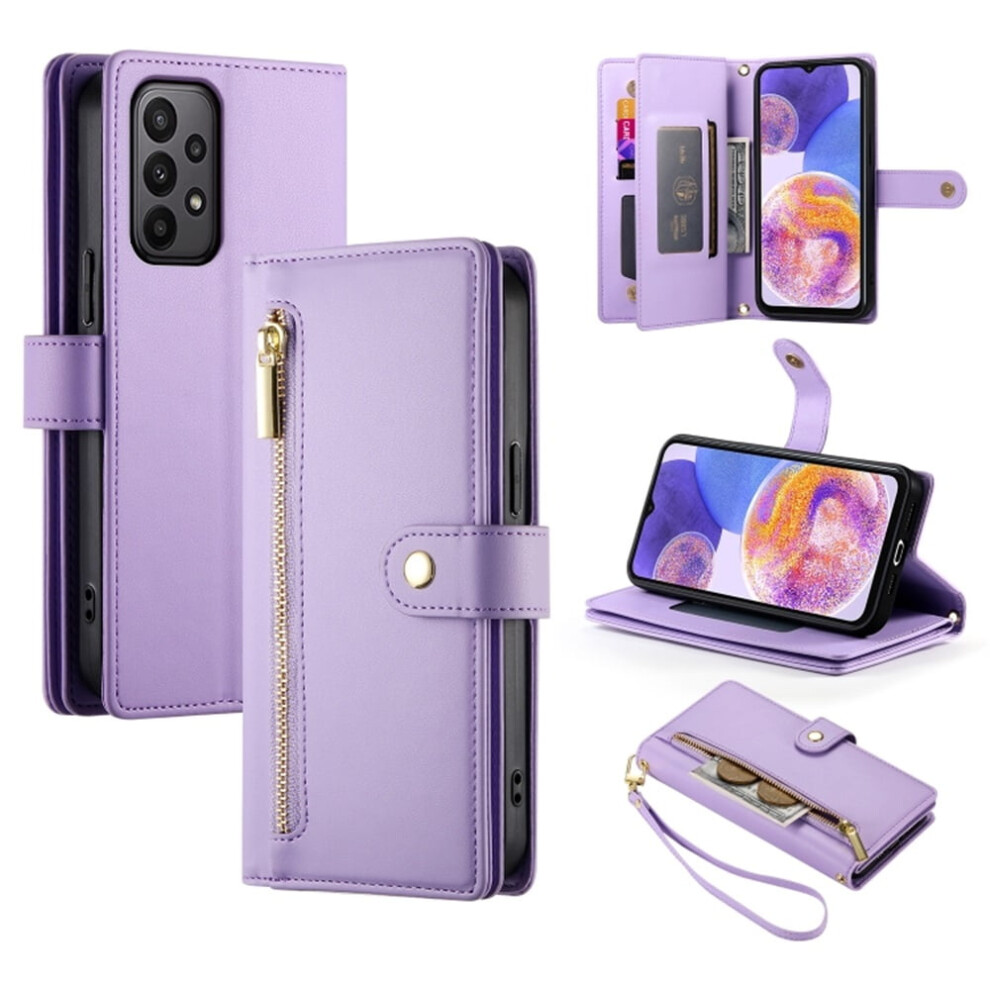 Leather Wallet Case For Samsung Galaxy A23 5G/4G (6.6"), Multi-Card Slots, Zipper Pocket, Lanyard Strap, Wristlet – Compatible With Samsung Purple 9418476644269