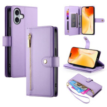 Paarse leren portemonneehoes voor iPhone 17 (6,3 inch), meerdere kaartsleuven, ritsvak, draagkoord en polsbandje – compatibel met iPhone 17