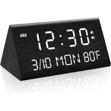 Wooden Digital Alarm Clock with Dimmer, 2 Alarms, Snooze, Temp/Date Display – Black