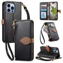 Leren flipcase met magnetische sluiting, ritssluiting en 3 kaarthouders, compatibel met iPhone 11 Pro Max, zwart