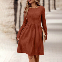 Damen-Freizeitkleid, dehnbar, atmungsaktiv, strukturiert, gerippt, langärmelig, Rundhalsausschnitt, Schwarz, Marineblau, Orange, Grün, Winter,