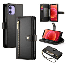 iPhone 12 / 12 Pro 6,1" portemonneehoesje – Leer, meerdere kaartsleuven, ritsvak, draagkoord, zwart (compatibel met iPhone 12 / 12 Pro)