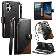 Compatibel met iPhone 16 Plus: Magnetische flipportemonnee van patchwork PU-leer met koord, polsbandje en ritssluiting voor pasjes.