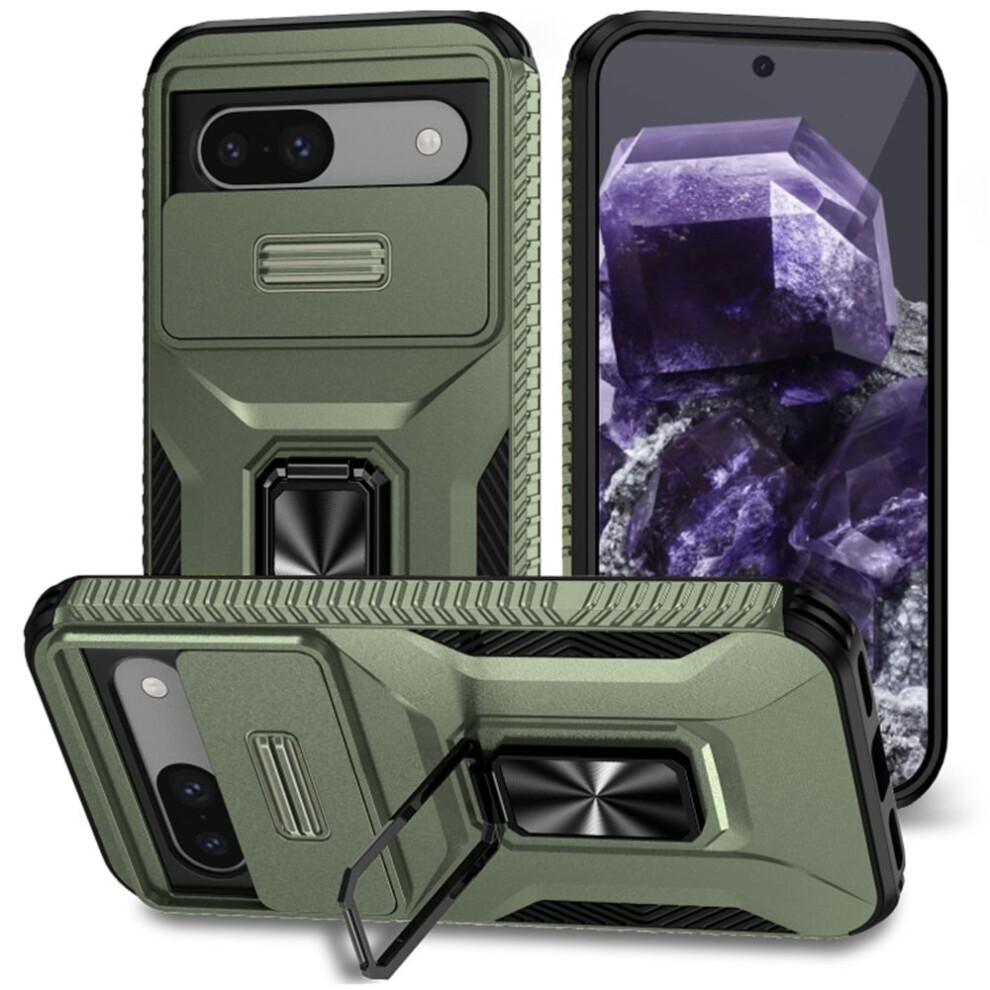 Slim Fit Shockproof Hybrid Case For Google Pixel 8A, Slide Camera Cover & Rotated Ring Kickstand, Military-Grade, Alpine Compatible With Green 9485826580799