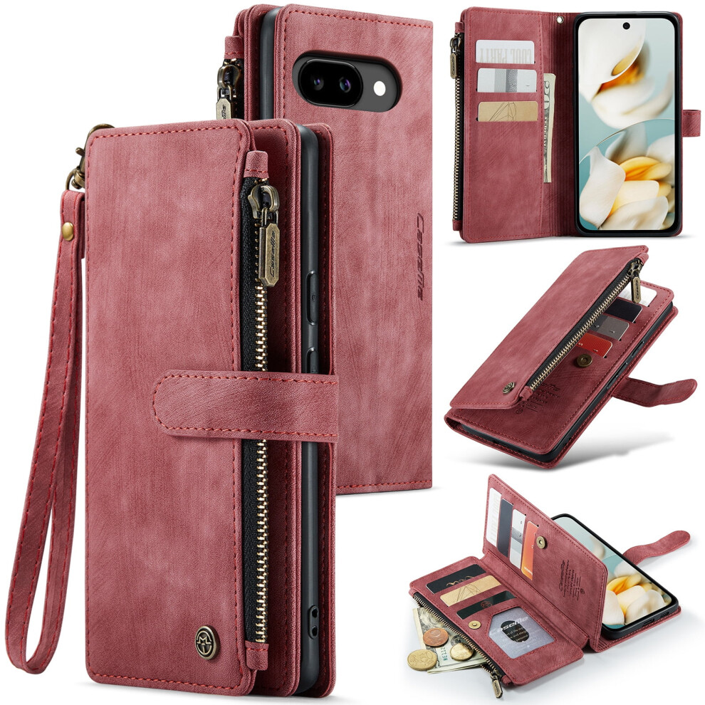 Caseme Wallet Case For Google Pixel 9A (6.3") Â Pu Leather, Magnetic Flip, Lanyard, Wristlet, Zipper Card Holder, Â Compatible With Google Red 9485826583967