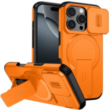 iPhone 16 Pro 6,3" hoesje: MagSafe, onzichtbare standaard, uitschuifbare camera, schokbestendig, oranje — Compatibel met iPhone 16 Pro