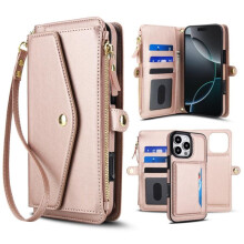 RFID Blocking 2-in-1 PU Leather Wallet Case for iPhone 13 Pro Max – Magnetic Flip, Multi-Card Slots, Zipper Pocket, Detachable Shoulder & Wrist