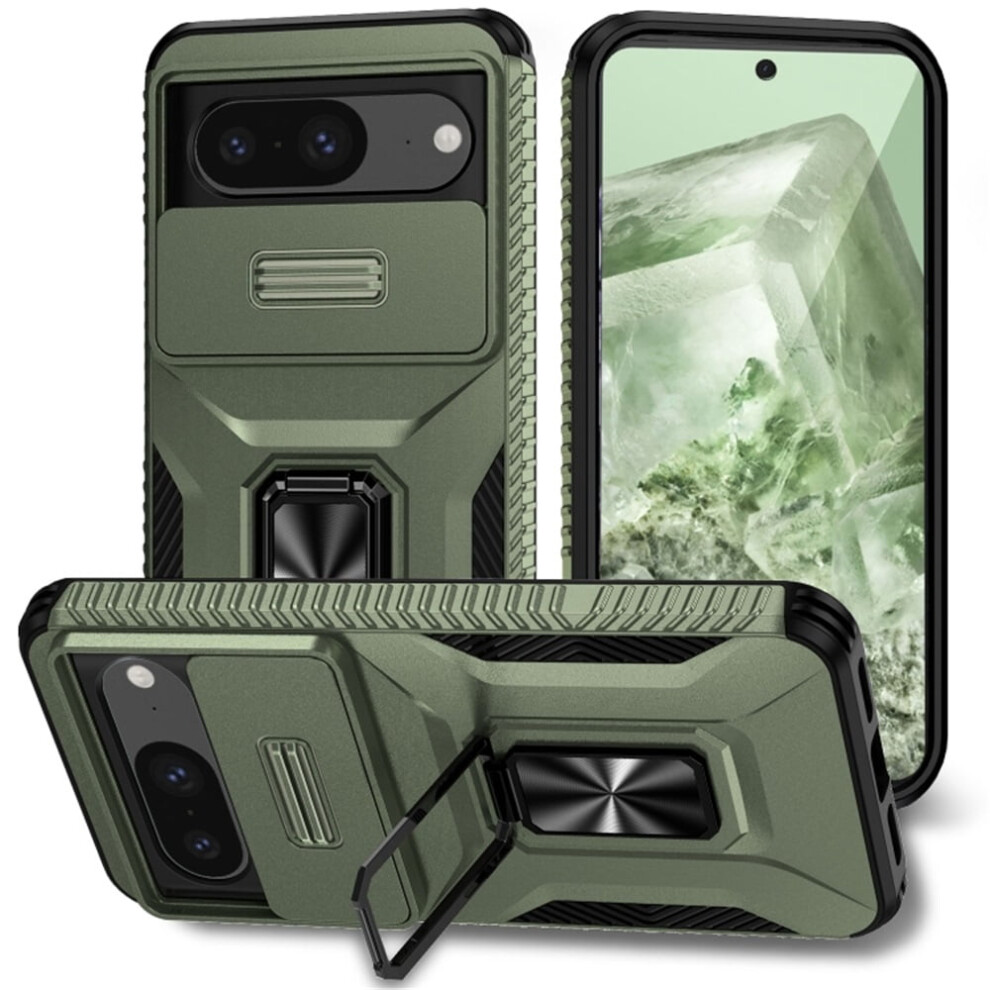 Slim Fit Shockproof Hybrid Case For Google Pixel 8 6.3", Alpine With Slide Camera Cover & Rotated Ring Kickstand, Military-Grade, Compatible Green 9485826584216