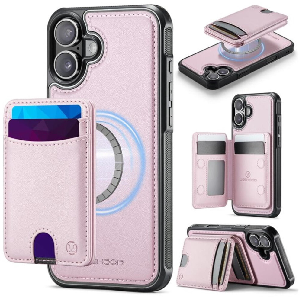 Jeehood Case For Iphone 16: Rfid-Blocking Pu Leather, Magsafe-Compatible Detachable 2-In-1 Wallet With Push Card Holder & Kickstand, Pink 9485826583868