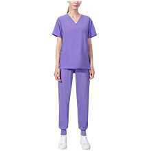 asdoklhq Jogger Scrubs for Women Short-Sleeved Solid Color Pocket-Neck Nurse Suit Purple 3X