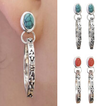 Xeoereki Bohemske Faux Turquoise Hoop Øredobber, Vintage Graverte Runde Dingle Øredobber – Kompatibel med skoleball og reiser