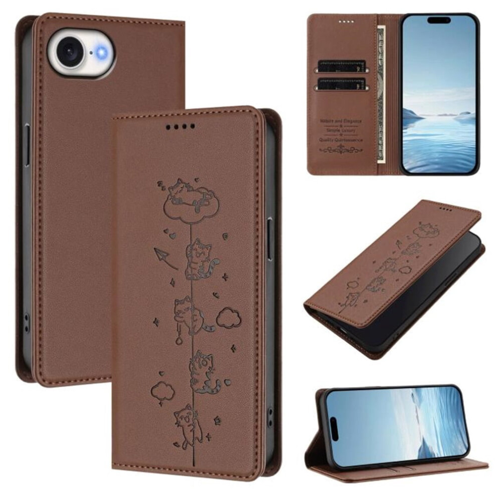 Leather Flip Wallet Case For Compatible With Iphone 16E Â Rfid Blocking, Cat Emboss, Magnetic Closure, Card Holder Brown 9193271781851