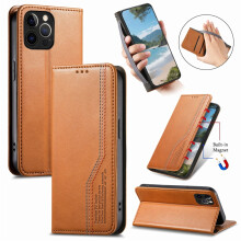 iPhone 14 Pro 6,1 inch hoesje – Bruin leren flip-wallet met magnetische sluiting en elastische polsband, compatibel met iPhone 14 Pro