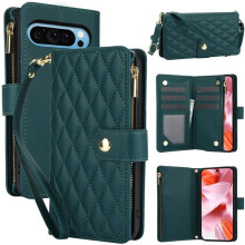 RFID-blokkerende flip-wallet voor Google Pixel 9/9 Pro – Groen, met kaartsleuven, standaard, polsbandje, draagkoord en ritssluiting