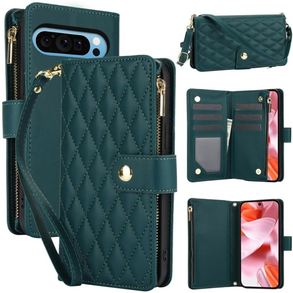 Rfid-Blocking Flip Wallet Case For Google Pixel 9 / 9 Pro Â With Card Slots, Kickstand, Wrist Strap, Lanyard & Zipper Green 9130661878081