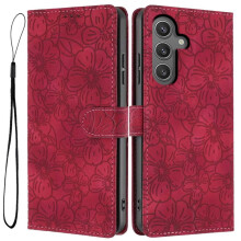 Flip-wallet van leer met kersenbloesemreliëf voor Samsung Galaxy S24 5G – Rood, 3-kaartshouder, magnetische sluiting, compatibel met Galaxy S24
