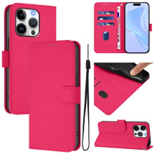 Roze rode PU-leren portemonneehoes compatibel met iPhone 15 Pro – magnetische flip-folio, 3-kaartshouder en polsbandje