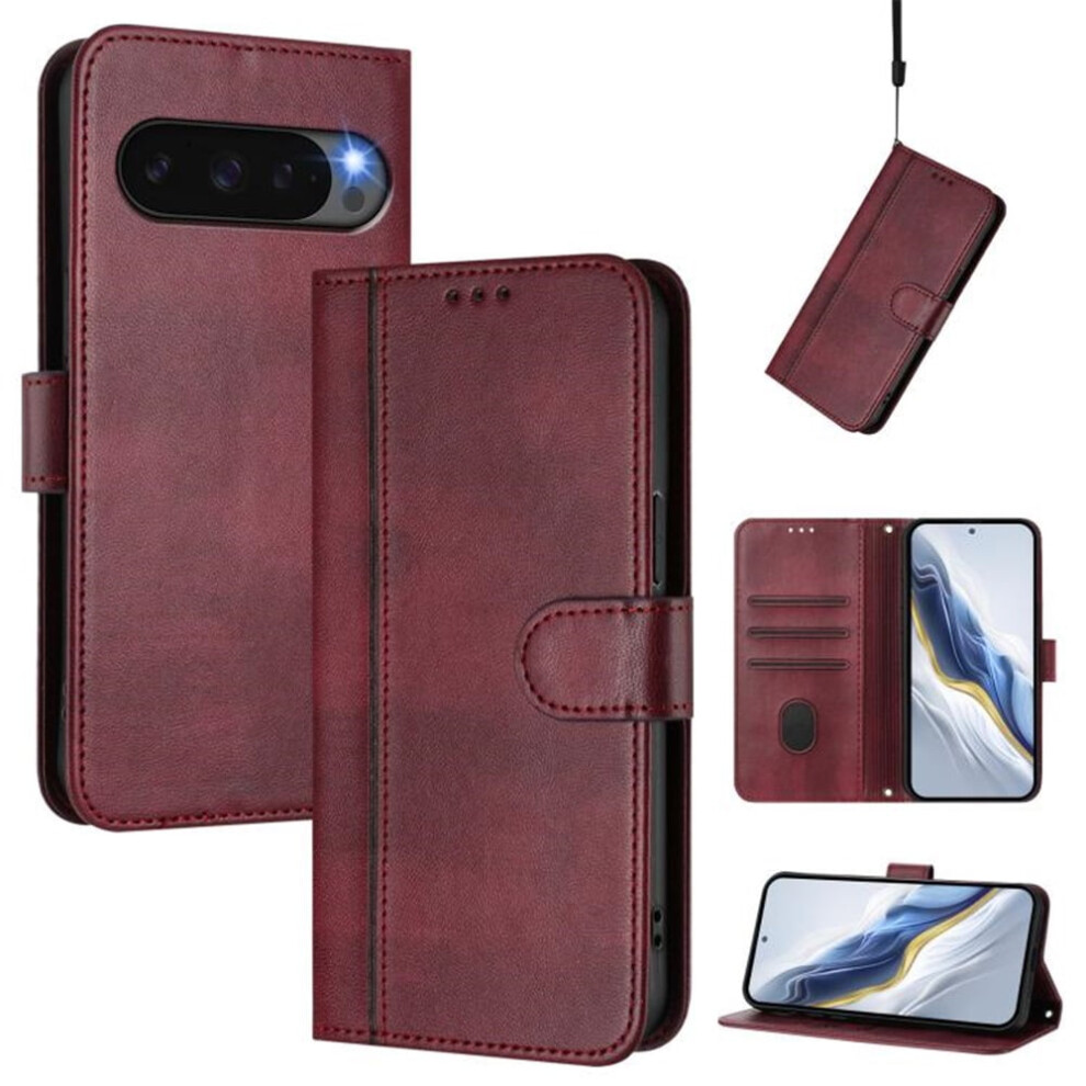 Flip Leather Tpu Wallet Case With Card Holder & Wrist Strap For Google Pixel 10 Pro 6.3", Shockproof Red 9193271782629