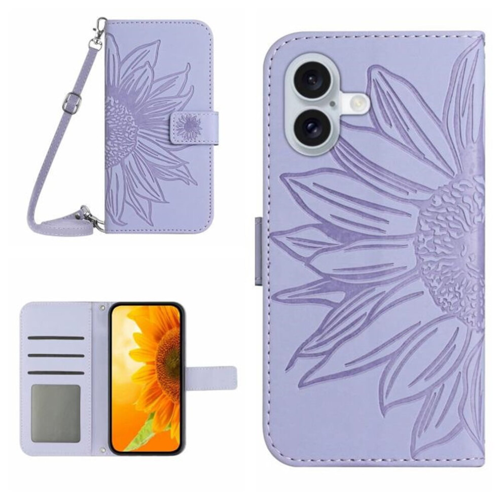 Pu Leather Flip Wallet Case For Iphone 17 (6.3") Â Sunflower Embossed, Strong Magnetic Closure, Card Slots, Hanging Rope, Compatible With Purple 9152228479852