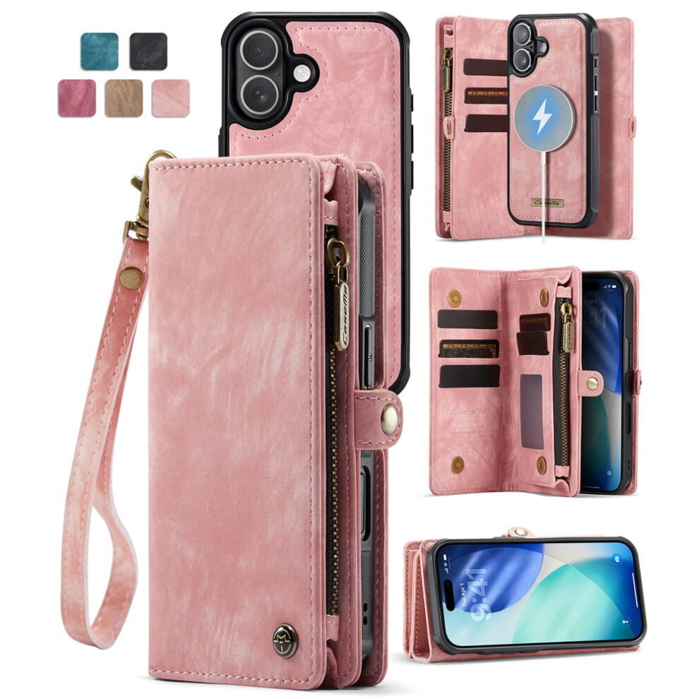 Caseme Leather Wallet Case For Iphone 17ÂDetachable, 8-Card Holder, Zipper Bills Slot, Magnetic Shockproof Flip Cover, Pink 9152228481572