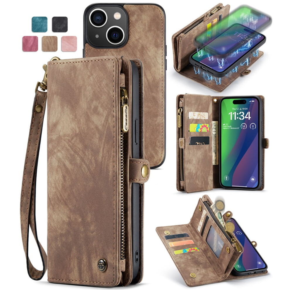 Caseme Leather Wallet Case For Iphone 15 Â Detachable 8-Card Holder, Zipper Bills Slot, Magnetic Shockproof Flip Cover, Brown 9152228481466