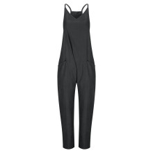 Macacão feminino de uma peça, confortável e folgado, em tecido macio e respirável, com dois bolsos laterais grandes e decote em V profundo, ideal